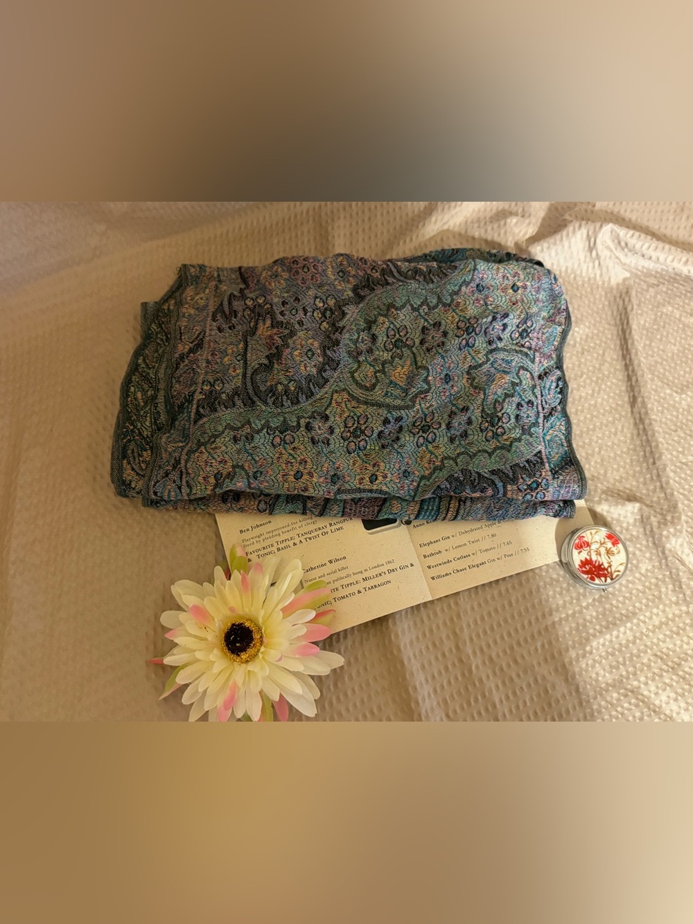 Wool Silk Infinity Scarf Paisley Jacquard Teal Purple Green Loop 70/30 Blend